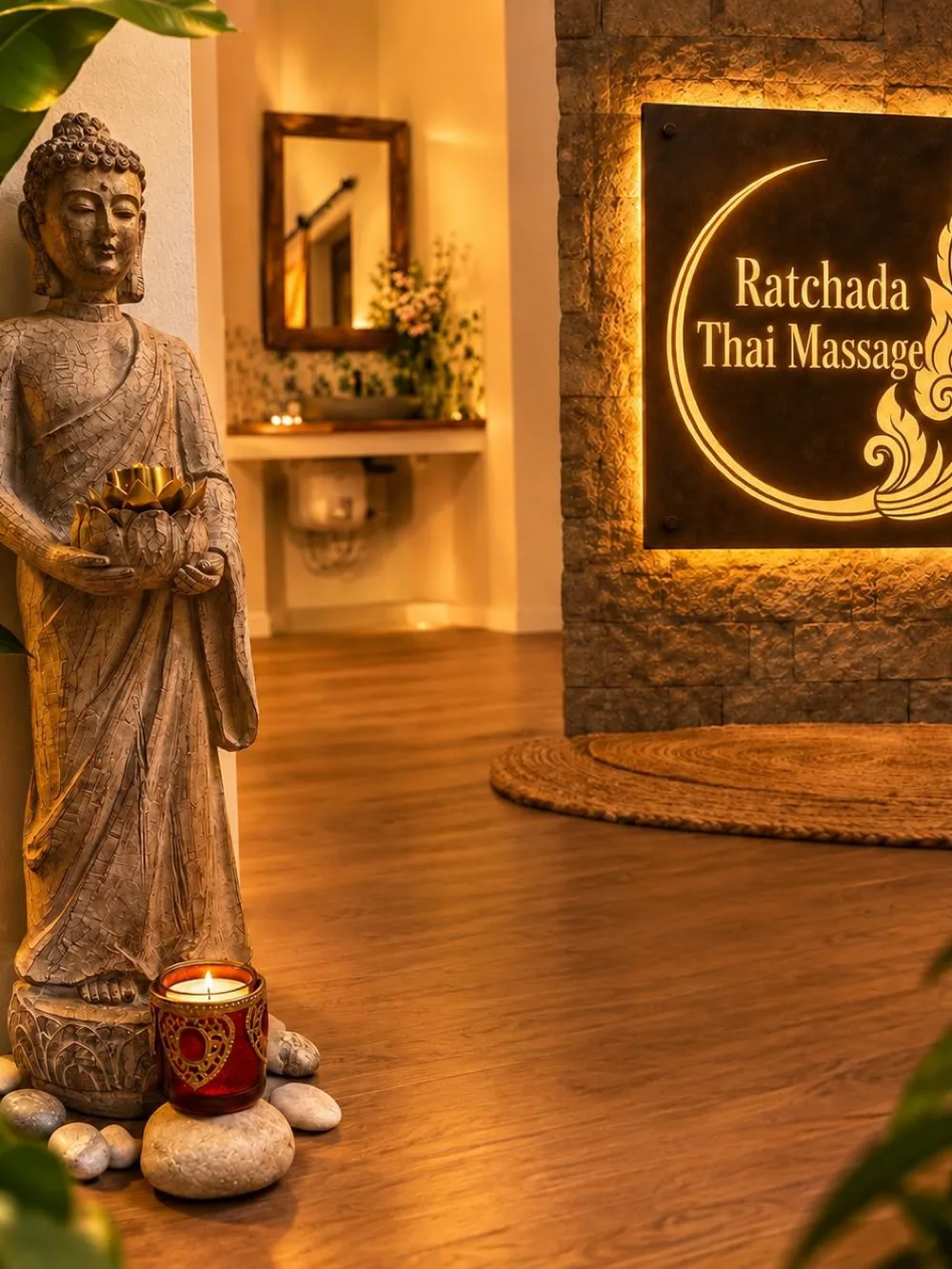 Entrada del centre amb un Buda dret al costat d’una espelma i el rètol retroil·luminat de Ratchada Thai Massage sobre la paret de pedra